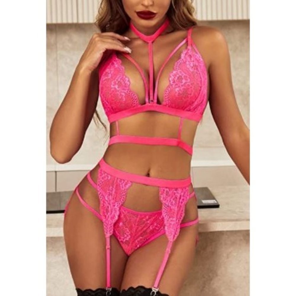 HOT Pink Lace Garter Lingerie Set w/ Removable Choker - Sizes XS-3X